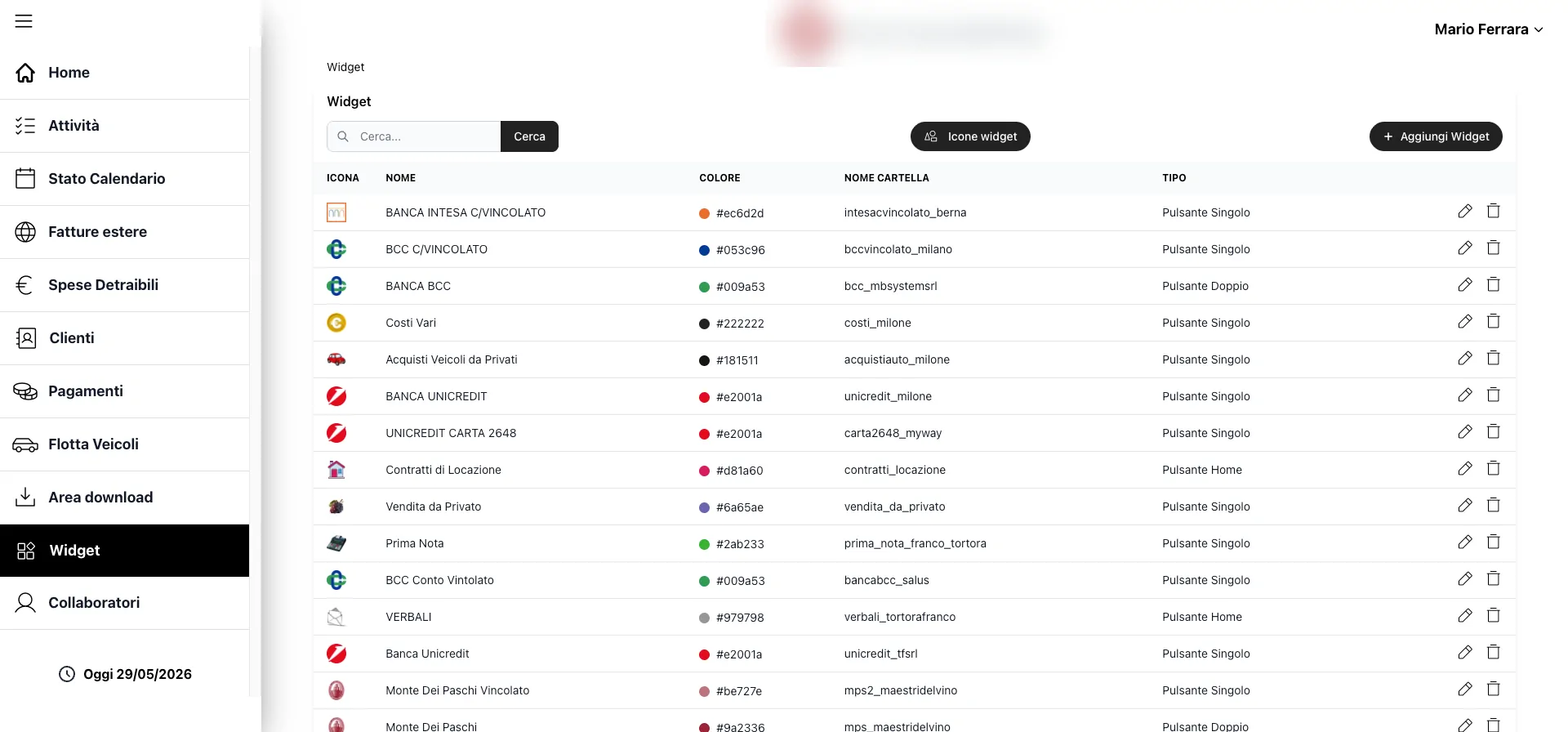 Screenshot Software clienti commercialista: Lista widget admin ritagliato